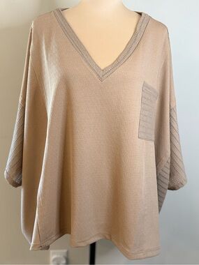 Heyson boho mixed knit oversized tan V neck top SZ M